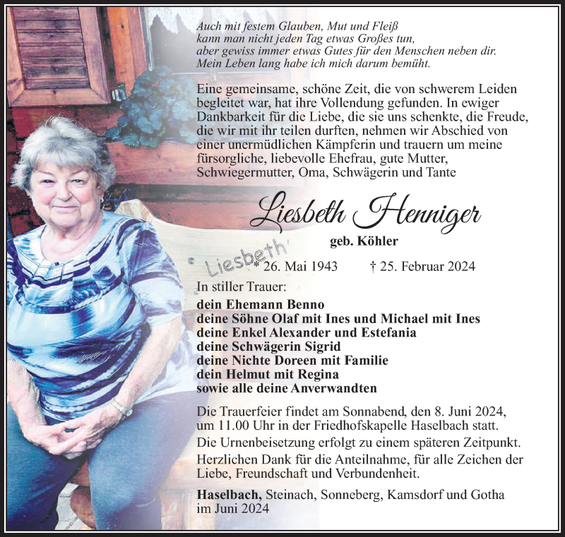  Traueranzeige für Liesbeth Henniger vom 01.06.2024 aus Südthüringer Presse
