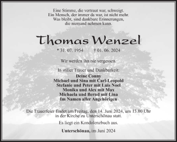 Traueranzeige von Thomas Wenzel von Südthüringer Presse