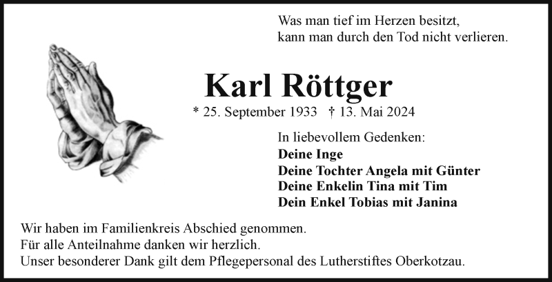  Traueranzeige für Karl Röttger vom 01.06.2024 aus Frankenpost