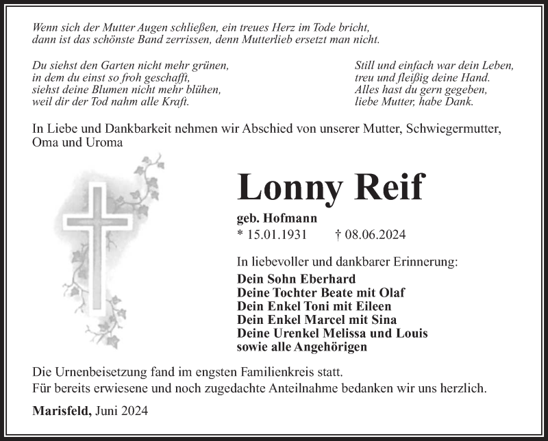  Traueranzeige für Lonny Reif vom 22.06.2024 aus Südthüringer Presse