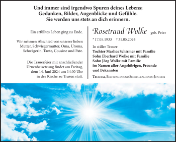 Traueranzeige von Rosetraud Wolke von Südthüringer Presse