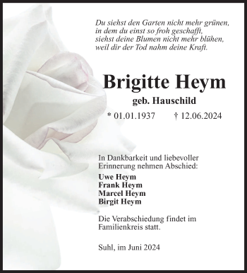 Traueranzeige von Brigitte Heym von Südthüringer Presse