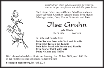 Traueranzeige von Ilse Gruhn von Südthüringer Presse