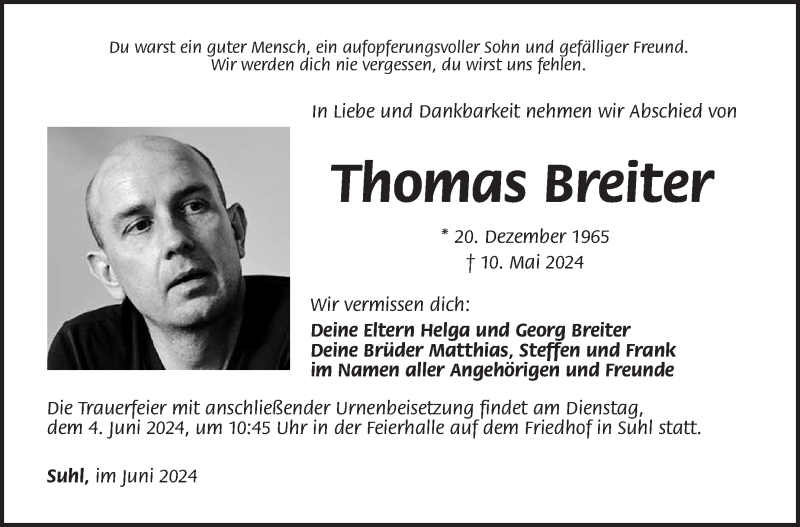  Traueranzeige für Thomas Breiter vom 01.06.2024 aus Südthüringer Presse