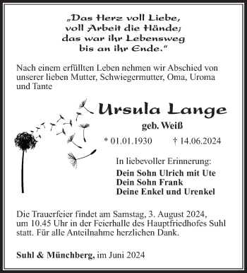 Traueranzeige von Ursula Lange von Südthüringer Presse