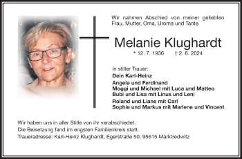 Traueranzeige von Melanie Klughardt von Frankenpost
