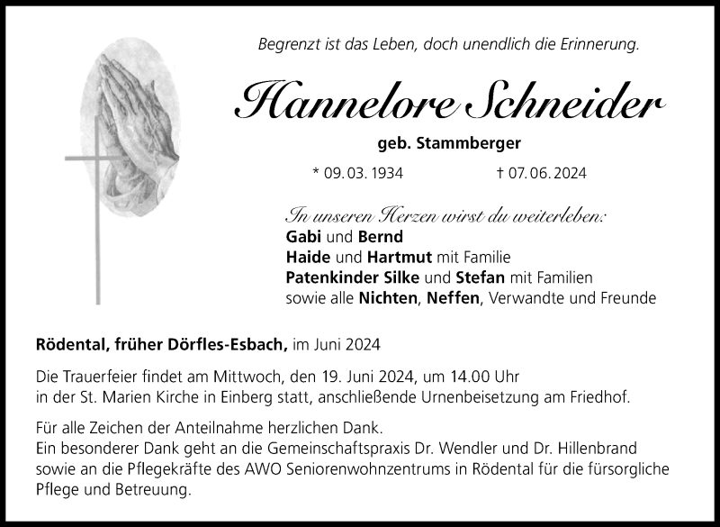 Traueranzeige für Hannelore Schneider vom 15.06.2024 aus Neue Presse Coburg