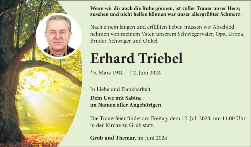  Traueranzeige für Erhard Triebel vom 15.06.2024 aus Südthüringer Presse