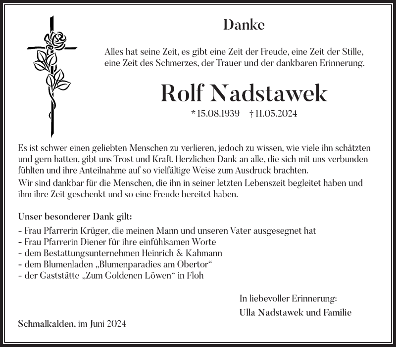  Traueranzeige für Rolf Nadstawek vom 08.06.2024 aus Südthüringer Presse