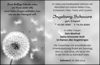 Traueranzeige von Ingeborg Schwarz von Südthüringer Presse