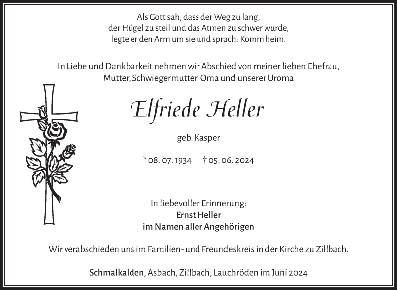 Traueranzeige für Elfriede Heller vom 08.06.2024 aus Südthüringer Presse