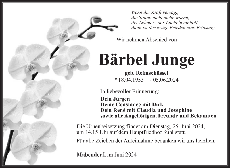  Traueranzeige für Bärbel Junge vom 15.06.2024 aus Südthüringer Presse