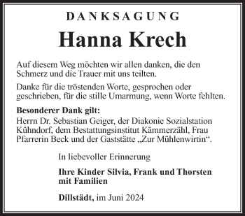 Traueranzeige von Hanna Krech von Südthüringer Presse