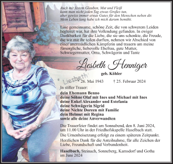 Traueranzeige von Liesbeth Henniger von Südthüringer Presse