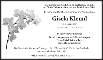 Traueranzeige von Gisela Klemd von Südthüringer Presse