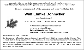 Traueranzeige von Wulf Ehmke Böhmcker von Südthüringer Presse