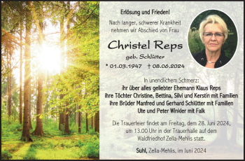 Traueranzeige von Christel Reps von Südthüringer Presse