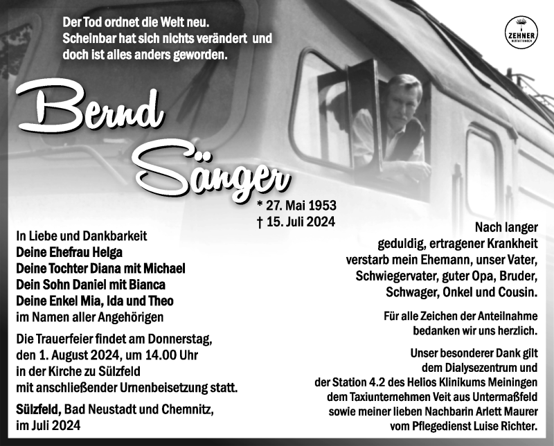  Traueranzeige für Bernd Sänger vom 26.07.2024 aus Südthüringer Presse