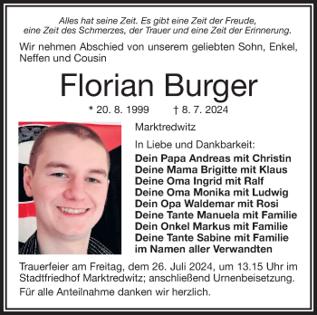 Traueranzeige von Florian Burger von Frankenpost