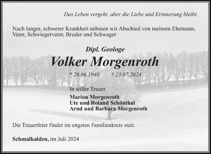  Traueranzeige für Volker Morgenroth vom 27.07.2024 aus Südthüringer Presse