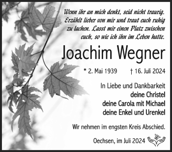 Traueranzeige von Joachim Wegner von Südthüringer Presse