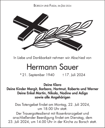 Traueranzeige von Hermann Sauer von Südthüringer Presse