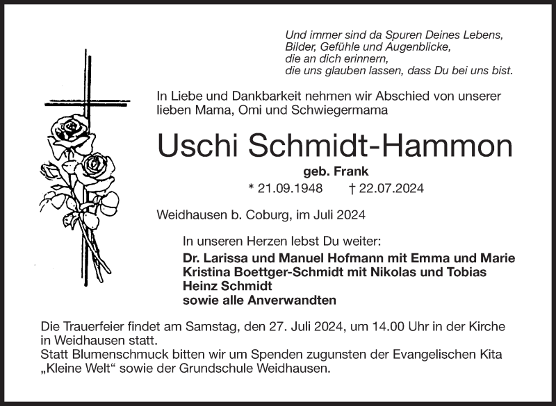  Traueranzeige für Uschi Schmidt-Hammon vom 25.07.2024 aus Neue Presse Coburg