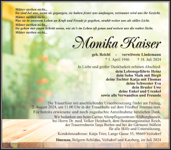 Traueranzeige von Monika Kaiser von Südthüringer Presse