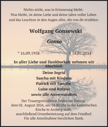Traueranzeige von Wolfgang Gonsewski von Frankenpost