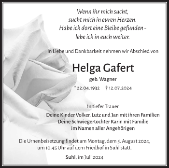 Traueranzeige von Helga Gafert von Südthüringer Presse