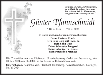 Traueranzeige von Günter Pfannschmidt von Südthüringer Presse