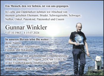 Traueranzeige von Gunnar Winkler von Südthüringer Presse