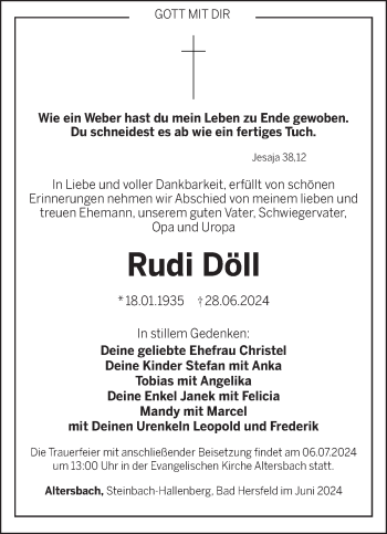 Traueranzeige von Rudi Döll von Südthüringer Presse