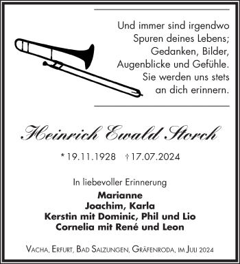 Traueranzeige von Heinrich Ewald Storch von Südthüringer Presse