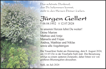 Traueranzeige von Jürgen Gellert von Südthüringer Presse