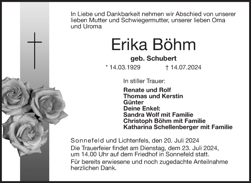  Traueranzeige für Erika Böhm vom 20.07.2024 aus Neue Presse Coburg