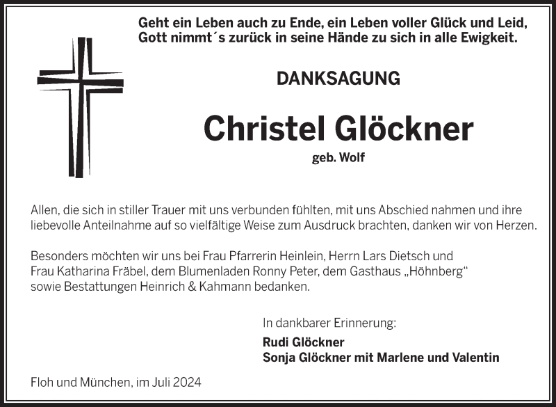  Traueranzeige für Christel Glöckner vom 27.07.2024 aus Südthüringer Presse