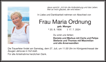 Traueranzeige von Maria Ordnung von Frankenpost