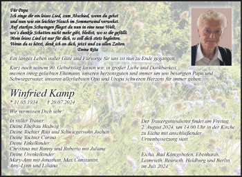 Traueranzeige von Winfried Kamp von Südthüringer Presse