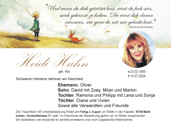 Traueranzeige von Heidi Hahn von Frankenpost