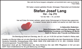 Traueranzeige von Stefan Lang von Frankenpost