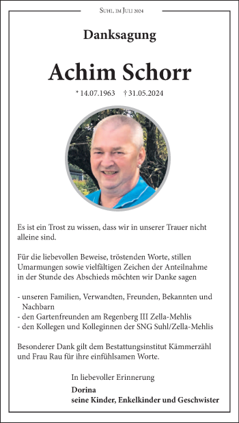 Traueranzeige von Achim Schorr von Südthüringer Presse