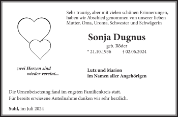 Traueranzeige von Sonja Dugnus von Südthüringer Presse