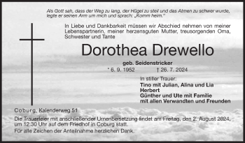Traueranzeige von Dorothea Drewello von Neue Presse Coburg