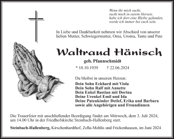 Traueranzeige von Waltraud Hänisch von Südthüringer Presse