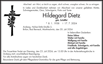 Traueranzeige von Hildegard Dietz von Frankenpost