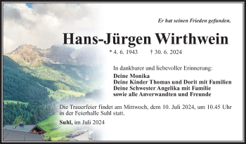 Traueranzeige von Hans-Jürgen Wirthwein von Südthüringer Presse