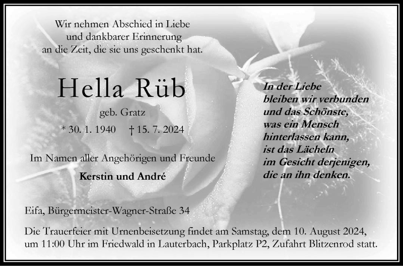  Traueranzeige für Hella Rüb vom 27.07.2024 aus Südthüringer Presse