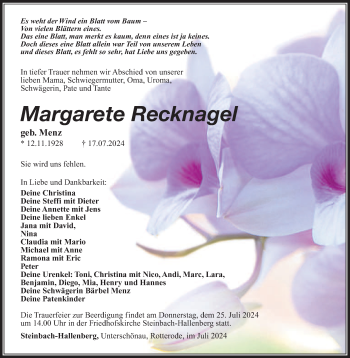 Traueranzeige von Margarete Recknagel von Südthüringer Presse