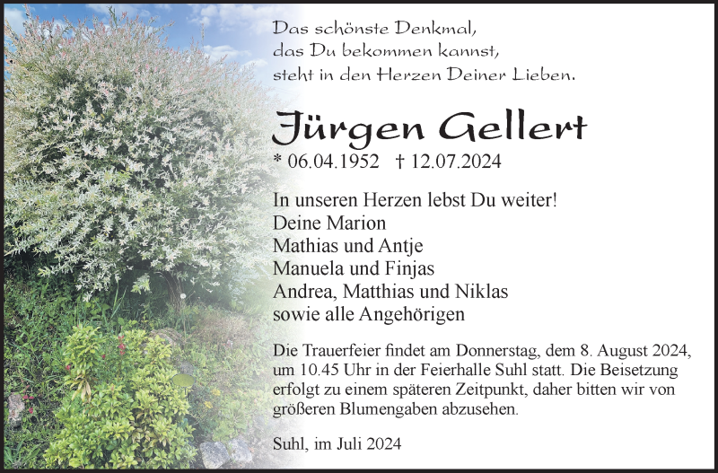  Traueranzeige für Jürgen Gellert vom 27.07.2024 aus Südthüringer Presse